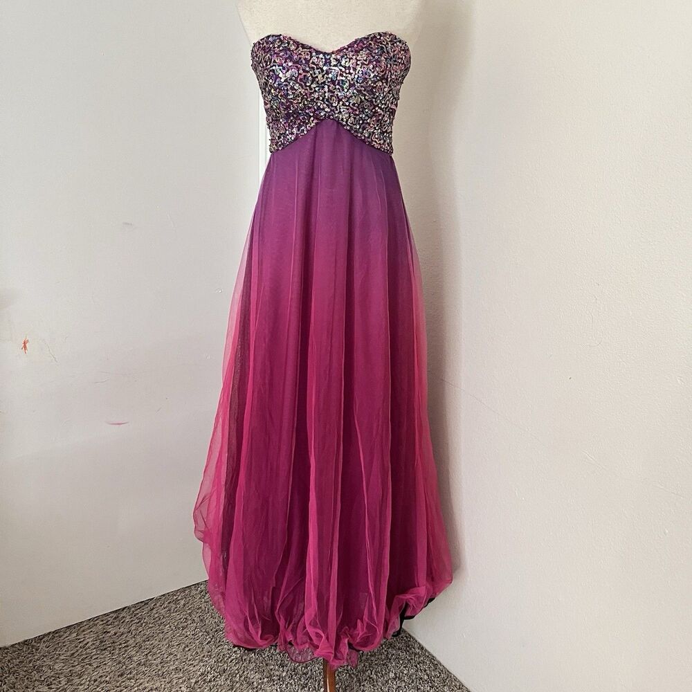 Blondie Nites Purple/Pink Ombré Strapless Babydoll Sequin Dress Prom Sz 5 Fit XS